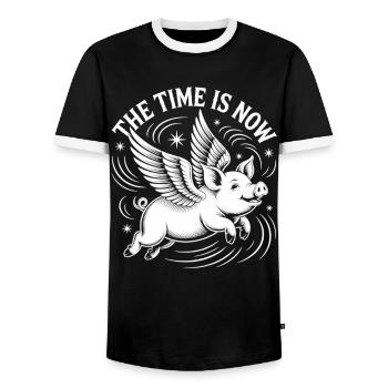 Flying Pig - Now is the time - Men's Ringer Shirt - black/white - Front - AI Model Female 172 light (172cm) & AI Model Male 178 light (178cm)