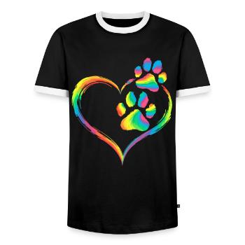 Rainbow Heart Paw Print Animal Love - Men's Ringer Shirt - black/white - Front - AI Model Female 172 light (172cm) & AI Model Male 178 light (178cm)