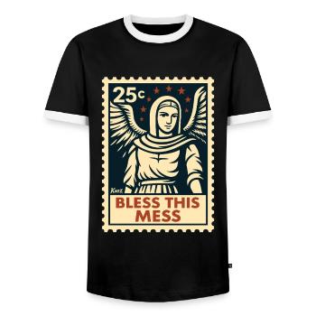 Bless This Chaos – Angel Postage Stamp - Men's Ringer Shirt - black/white - Front - AI Model Female 172 light (172cm) & AI Model Male 178 light (178cm)