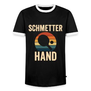 Schmetterhand – Table Tennis Retro Design - Men's Ringer Shirt - black/white - Front - AI Model Female 172 light (172cm) & AI Model Male 178 light (178cm)