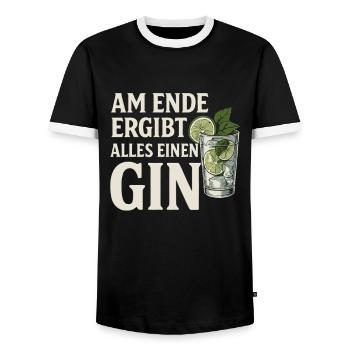 In the end, everything makes a gin - Men's Ringer Shirt - black/white - Front - AI Model Female 172 light (172cm) & AI Model Male 178 light (178cm)