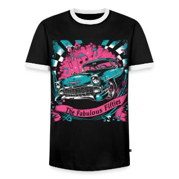 Fifties 1950s Car Music - Men's Ringer Shirt - black/white - Front - AI Model Female 172 light (172cm) & AI Model Male 178 light (178cm)