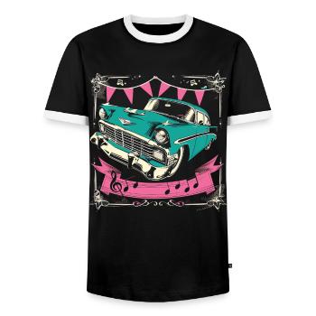 Fifties 1950s Car Music - Men's Ringer Shirt - black/white - Front - AI Model Female 172 light (172cm) & AI Model Male 178 light (178cm)
