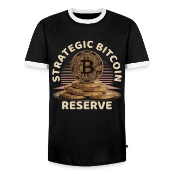 Bitcoin Design for BTC Fans - Men's Ringer Shirt - black/white - Front - AI Model Female 172 light (172cm) & AI Model Male 178 light (178cm)