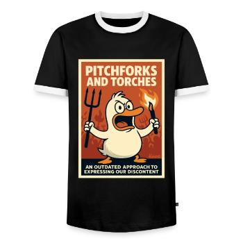 Angry duck with torch and pitchfork - Men's Ringer Shirt - black/white - Front - AI Model Female 172 light (172cm) & AI Model Male 178 light (178cm)