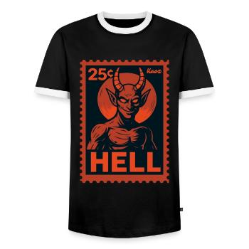 Devil Postage Stamp Hell Motif Retro Look - Men's Ringer Shirt - black/white - Front - AI Model Female 172 light (172cm) & AI Model Male 178 light (178cm)