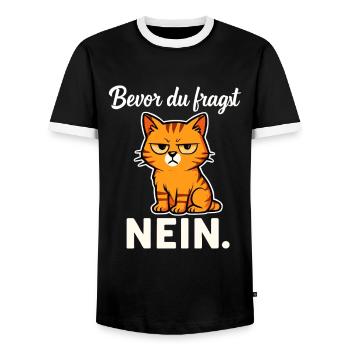 Bevor du fragst – Nein! Sarkastische Katze - Männer Kontrast-T-Shirt - Schwarz/Weiß - Vorne - AI Model Female 172 light (172cm) & AI Model Male 178 light (178cm)