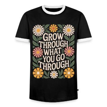 Boho Flowers Quote: Grow Through What You Experience - Men's Ringer Shirt - black/white - Front - AI Model Female 172 light (172cm) & AI Model Male 178 light (178cm)