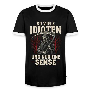 So viele Idioten – Und nur eine Sense - Männer Kontrast-T-Shirt - Schwarz/Weiß - Vorne - AI Model Female 172 light (172cm) & AI Model Male 178 light (178cm)