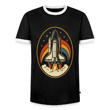 Retro Space Shuttle – Rocket Launch Vintage - Men's Ringer Shirt - black/white - Front - AI Model Female 172 light (172cm) & AI Model Male 178 light (178cm)