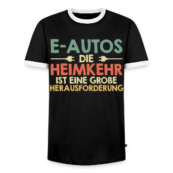Verbrenner E-AUTOS HEIMKEHR IST HERAUSFORDERUNG - Männer Kontrast-T-Shirt - Schwarz/Weiß - Vorne - AI Model Female 172 light (172cm) & AI Model Male 178 light (178cm)