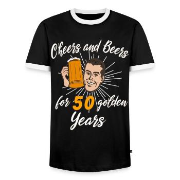 Cheers and Beer for 50 golden Years - Men's Ringer Shirt - black/white - Front - AI Model Female 172 light (172cm) & AI Model Male 178 light (178cm)
