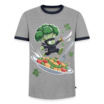 Broccoli Ninja in action - Men's Ringer Shirt - grey/navy  - Front - AI Model Female 172 light (172cm) & AI Model Male 178 light (178cm)
