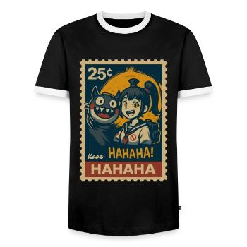 Mädchen mit Yokai Katze und Vollmond - Männer Kontrast-T-Shirt - Schwarz/Weiß - Vorne - AI Model Female 172 light (172cm) & AI Model Male 178 light (178cm)