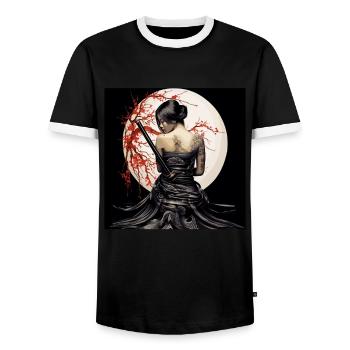 Geisha in front of full moon with cherry blossoms decoration - Men's Ringer Shirt - black/white - Front - AI Model Female 172 light (172cm) & AI Model Male 178 light (178cm)