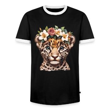 Leopardenbaby mit Blumenkranz - Männer Kontrast-T-Shirt - Schwarz/Weiß - Vorne - AI Model Female 172 light (172cm) & AI Model Male 178 light (178cm)