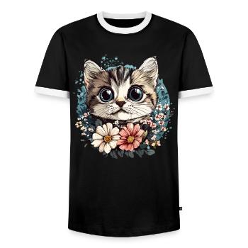 Chat avec couronne de fleurs - T-shirt contrasté Homme - noir/blanc - Devant - AI Model Female 172 light (172cm) & AI Model Male 178 light (178cm)