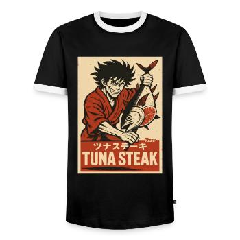 Mann im Kimono mit Thunfisch und Schriftzug „Tuna - Männer Kontrast-T-Shirt - Schwarz/Weiß - Vorne - AI Model Female 172 light (172cm) & AI Model Male 178 light (178cm)