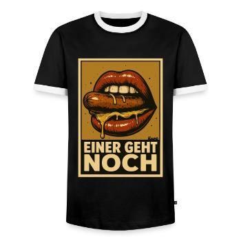 Sausage with sauce and saying "One more goes" - Men's Ringer Shirt - black/white - Front - AI Model Female 172 light (172cm) & AI Model Male 178 light (178cm)