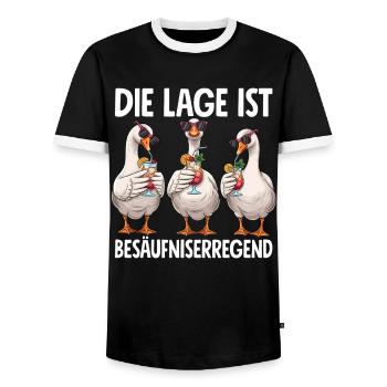 The location is drunken, geese - Men's Ringer Shirt - black/white - Front - AI Model Female 172 light (172cm) & AI Model Male 178 light (178cm)