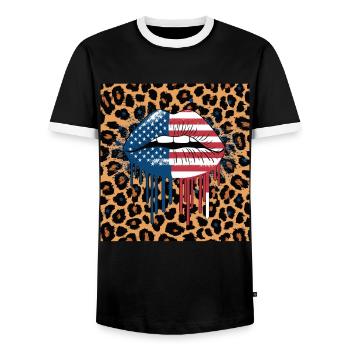 Leopard Lips with USA Flag - Men's Ringer Shirt - black/white - Front - AI Model Female 172 light (172cm) & AI Model Male 178 light (178cm)