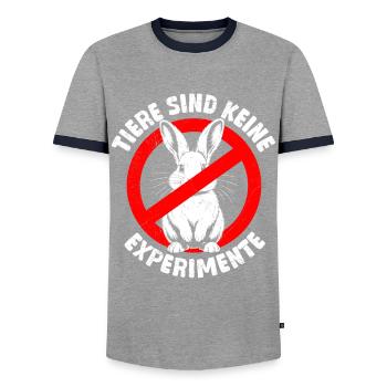 Tierschutz ANIMALS ARE NOT EXPERIMENTS Lustig - Männer Kontrast-T-Shirt - Grau/Navy  - Vorne - AI Model Female 172 light (172cm) & AI Model Male 178 light (178cm)