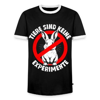 Tierschutz ANIMALS ARE NOT EXPERIMENTS Lustig - Männer Kontrast-T-Shirt - Schwarz/Weiß - Vorne - AI Model Female 172 light (172cm) & AI Model Male 178 light (178cm)