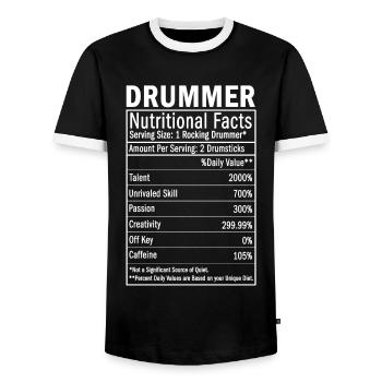 Drummer Nutritional Facts percussionist, drumming - Men's Ringer Shirt - black/white - Front - AI Model Female 172 light (172cm) & AI Model Male 178 light (178cm)