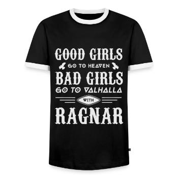 Good Girls go to Heaven - Bad Girls go to Valhalla - Men's Ringer Shirt - black/white - Front - AI Model Female 172 light (172cm) & AI Model Male 178 light (178cm)