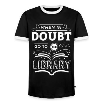 When in doubt go to the library - Men's Ringer Shirt - black/white - Front - AI Model Female 172 light (172cm) & AI Model Male 178 light (178cm)