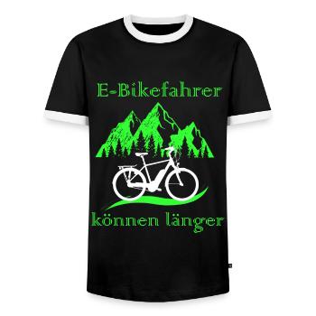 Lustiger Spruch E-Bike Fahrer können länger - Männer Kontrast-T-Shirt - Schwarz/Weiß - Vorne - AI Model Female 172 light (172cm) & AI Model Male 178 light (178cm)