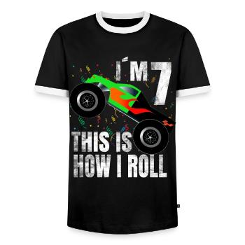 Geburtstag Junge 7 Jahre Monster Truck Geschenk - Männer Kontrast-T-Shirt - Schwarz/Weiß - Vorne - AI Model Female 172 light (172cm) & AI Model Male 178 light (178cm)