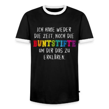 Ich habe weder die Zeit noch die Buntstifte Spruch - Männer Kontrast-T-Shirt - Schwarz/Weiß - Vorne - AI Model Female 172 light (172cm) & AI Model Male 178 light (178cm)