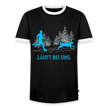 Läuft bei uns Canicross Hundesport Laufen Männer - Männer Kontrast-T-Shirt - Schwarz/Weiß - Vorne - AI Model Female 172 light (172cm) & AI Model Male 178 light (178cm)
