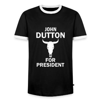 John Dutton for President Yellowstone - Men's Ringer Shirt - black/white - Front - AI Model Female 172 light (172cm) & AI Model Male 178 light (178cm)