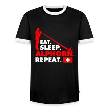 Schweiz Alphorn Musik - Männer Kontrast-T-Shirt - Schwarz/Weiß - Vorne - AI Model Female 172 light (172cm) & AI Model Male 178 light (178cm)