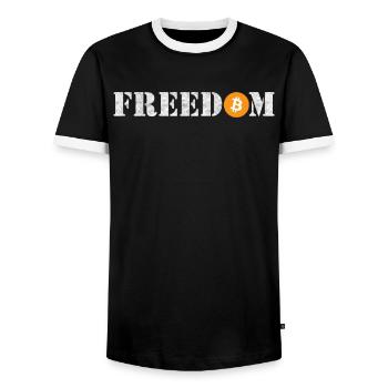 Bitcoin Freedom Crypto - Men's Ringer Shirt - black/white - Front - AI Model Female 172 light (172cm) & AI Model Male 178 light (178cm)