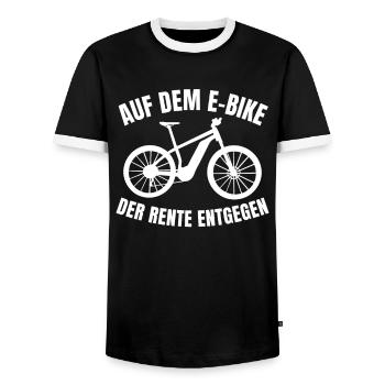 Pensioner On E-Bike Electric Bicycle - Men's Ringer Shirt - black/white - Front - AI Model Female 172 light (172cm) & AI Model Male 178 light (178cm)