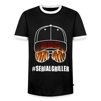 Serial Griller Grilling BBQ - Men's Ringer Shirt - black/white - Front - AI Model Female 172 light (172cm) & AI Model Male 178 light (178cm)