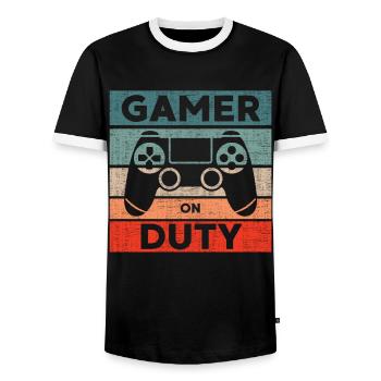 Gamer on Duty Gaming Geschenk - Männer Kontrast-T-Shirt - Schwarz/Weiß - Vorne - AI Model Female 172 light (172cm) & AI Model Male 178 light (178cm)