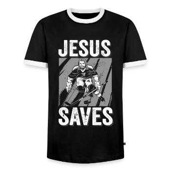 Jesus Funny Gift Religious Christian - Men's Ringer Shirt - black/white - Front - AI Model Female 172 light (172cm) & AI Model Male 178 light (178cm)