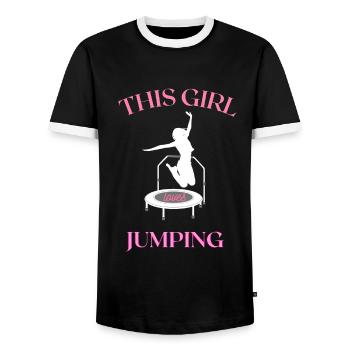 This girl loves jumping - Fitness trampoline - Men's Ringer Shirt - black/white - Front - AI Model Female 172 light (172cm) & AI Model Male 178 light (178cm)