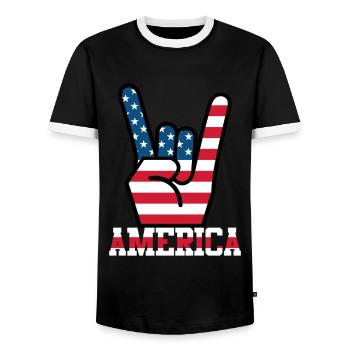 America USA Flagge Fahne Rocker Handzeichen - Männer Kontrast-T-Shirt - Schwarz/Weiß - Vorne - AI Model Female 172 light (172cm) & AI Model Male 178 light (178cm)