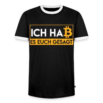 Ich hab es euch ja gesagt BTC Bitcoin Krypto - Männer Kontrast-T-Shirt - Schwarz/Weiß - Vorne - AI Model Female 172 light (172cm) & AI Model Male 178 light (178cm)