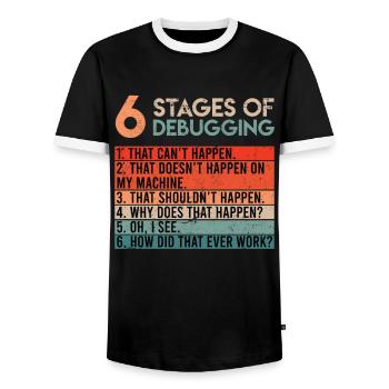 6 Stages of Debugging Informatiker Coder Software - Männer Kontrast-T-Shirt - Schwarz/Weiß - Vorne - AI Model Female 172 light (172cm) & AI Model Male 178 light (178cm)