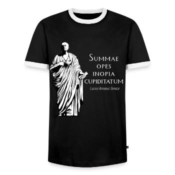 Latin - Summae Opes Inopia Cupiditatum - Men's Ringer Shirt - black/white - Front - AI Model Female 172 light (172cm) & AI Model Male 178 light (178cm)