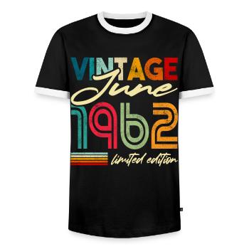 Millésime né Juin 1962 Anniversaire Année 1962 - T-shirt contrasté Homme - noir/blanc - Devant - AI Model Female 172 light (172cm) & AI Model Male 178 light (178cm)
