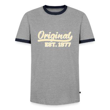 44. Geburtstag September 1977 Geschenkidee - Männer Kontrast-T-Shirt - Grau/Navy  - Vorne - AI Model Female 172 light (172cm) & AI Model Male 178 light (178cm)