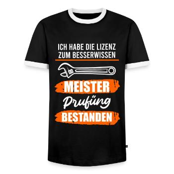 Lizenz zum Besserwissen Meisterprüfung - Männer Kontrast-T-Shirt - Schwarz/Weiß - Vorne - AI Model Female 172 light (172cm) & AI Model Male 178 light (178cm)