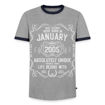 17 years January January 2005 - Men's Ringer Shirt - grey/navy  - Front - AI Model Female 172 light (172cm) & AI Model Male 178 light (178cm)